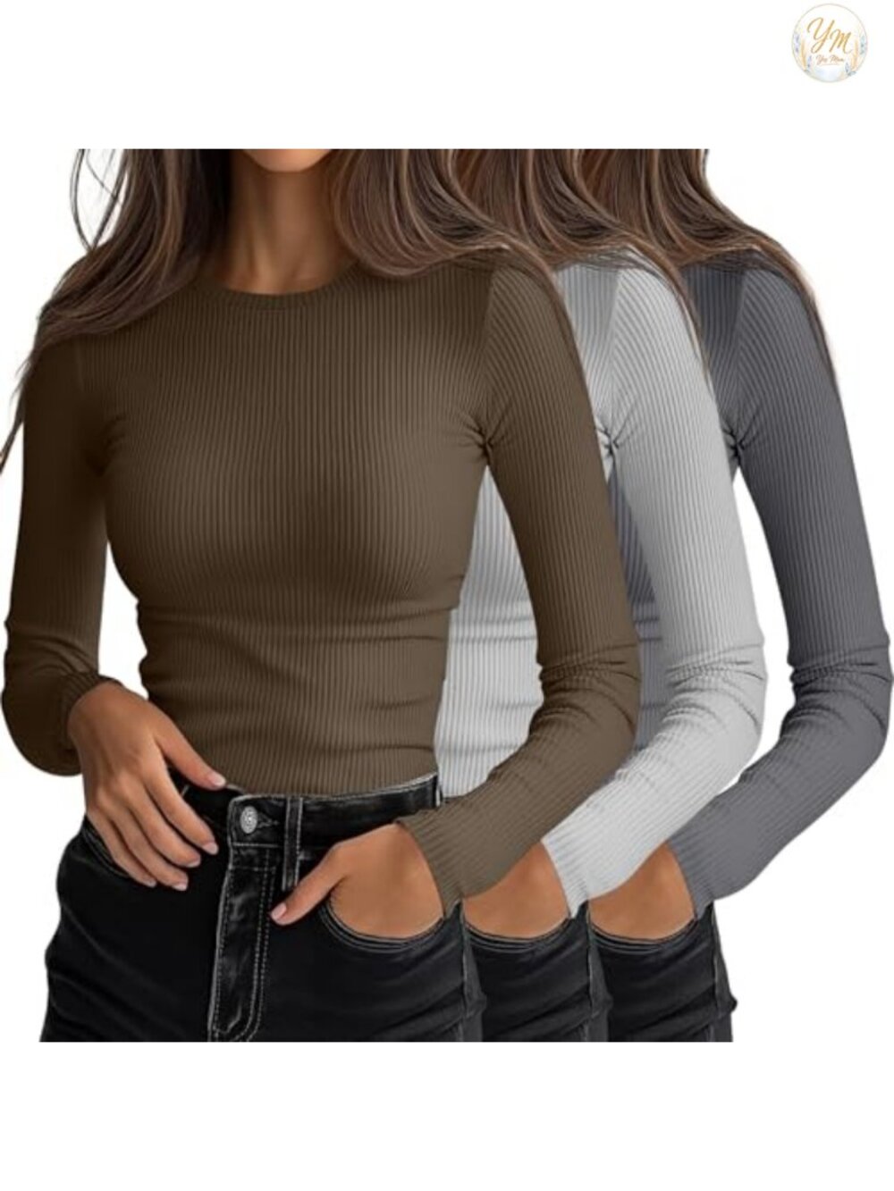 3 Pack Womens Ribbed Long Sleeve Shirts Fitted Crew Neck Tees